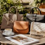 A stylish wooden table at a bustling outdoor café with designer bags.