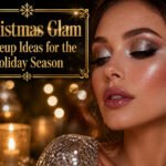 A collection of various Christmas glam makeup looks on display.