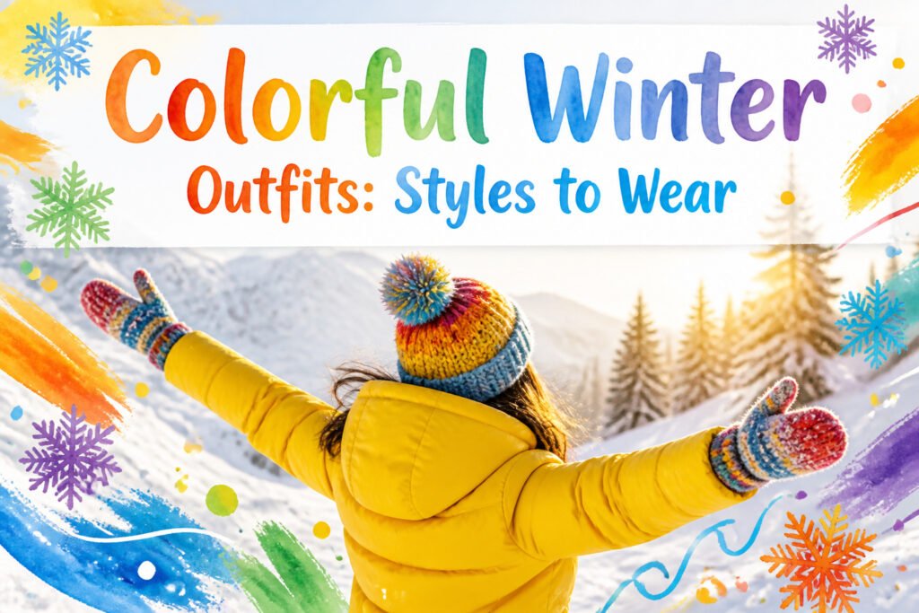 Model wearing colorful winter outfits in a snowy outdoor setting.