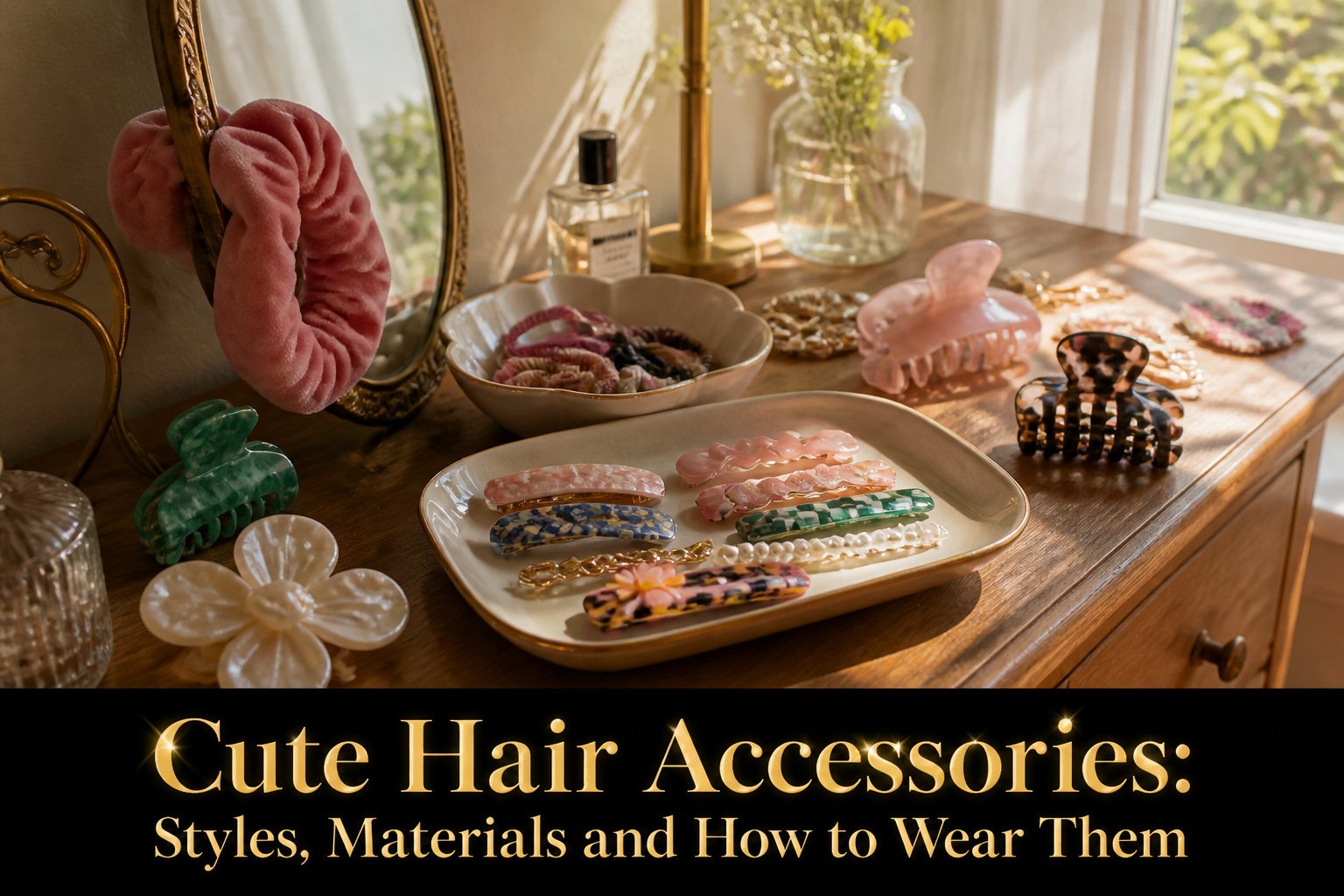 Various hair accessories including clips, pins, and barrettes arranged aesthetically.