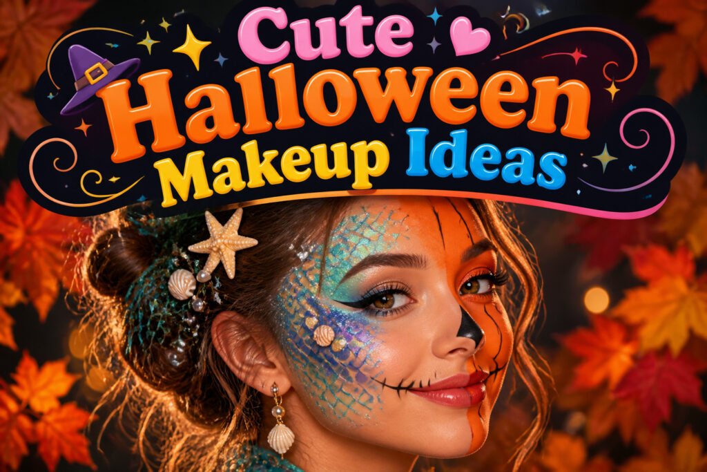 A collage of various cute Halloween makeup looks.
