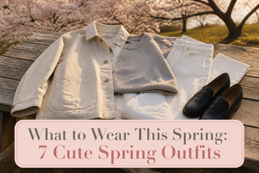 Various spring outfits displayed on a neutral background.