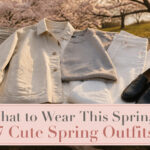 Various spring outfits displayed on a neutral background.