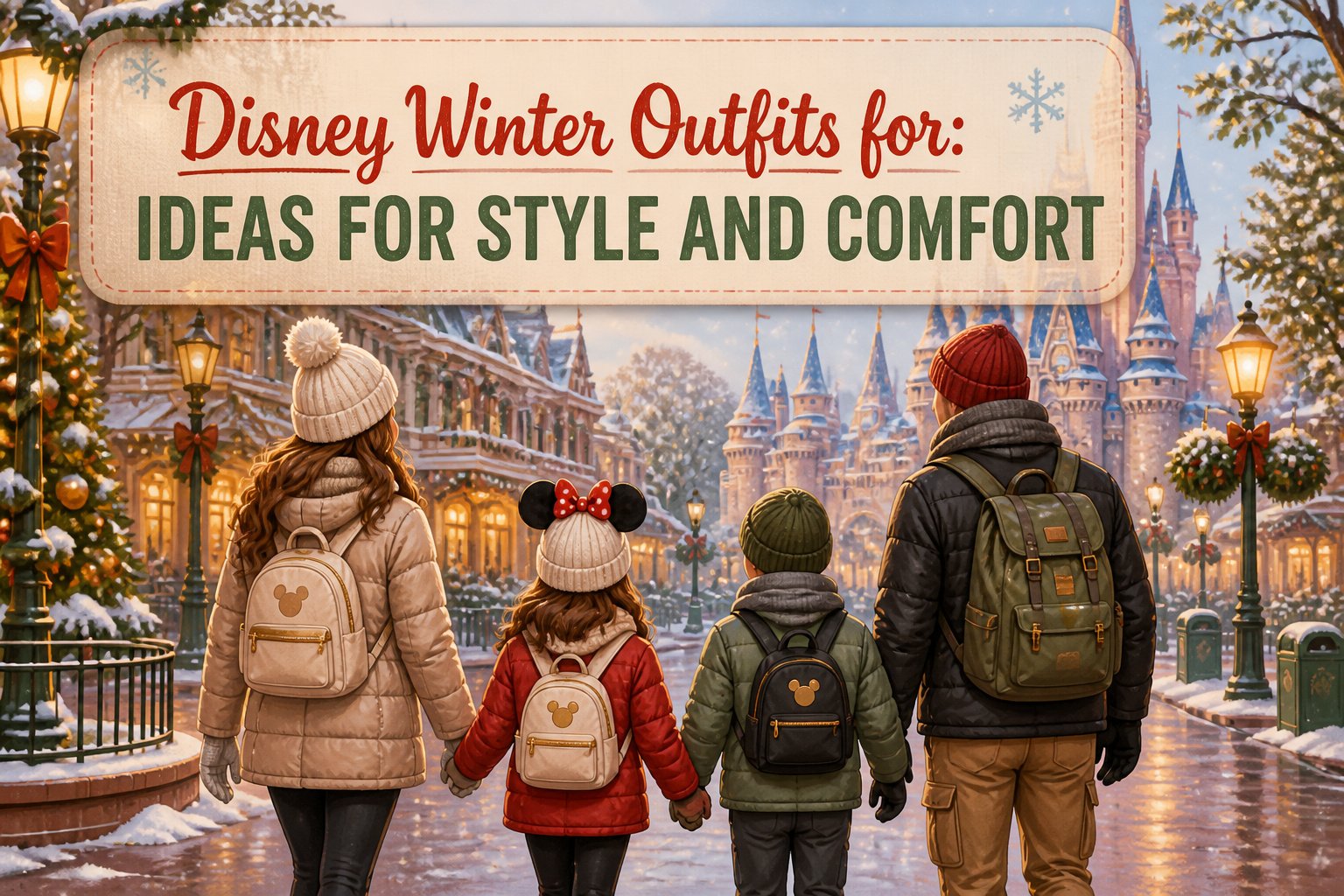 Model wearing a teal coat and cozy sweater at Disney park entrance.