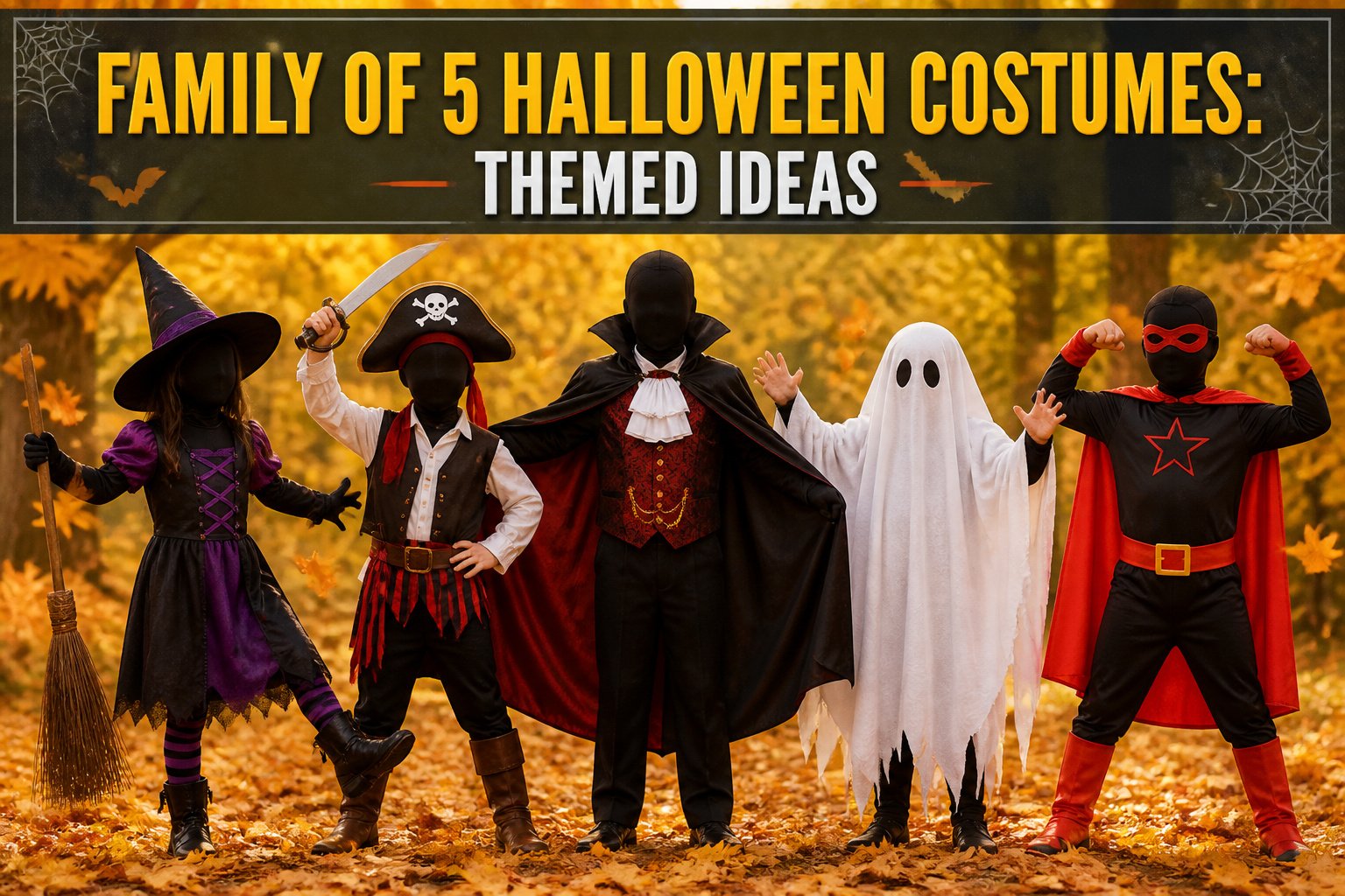 A family of five dressed in various Halloween costumes in a festive setting.