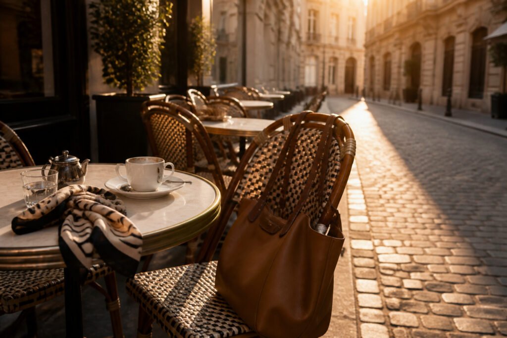 Chic Parisian café terrace with small round tables during golden hour
