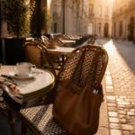 Chic Parisian café terrace with small round tables during golden hour