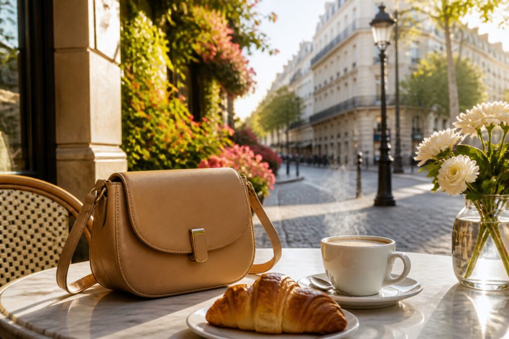 A sunlit Parisian café terrace with a stylish table set for one