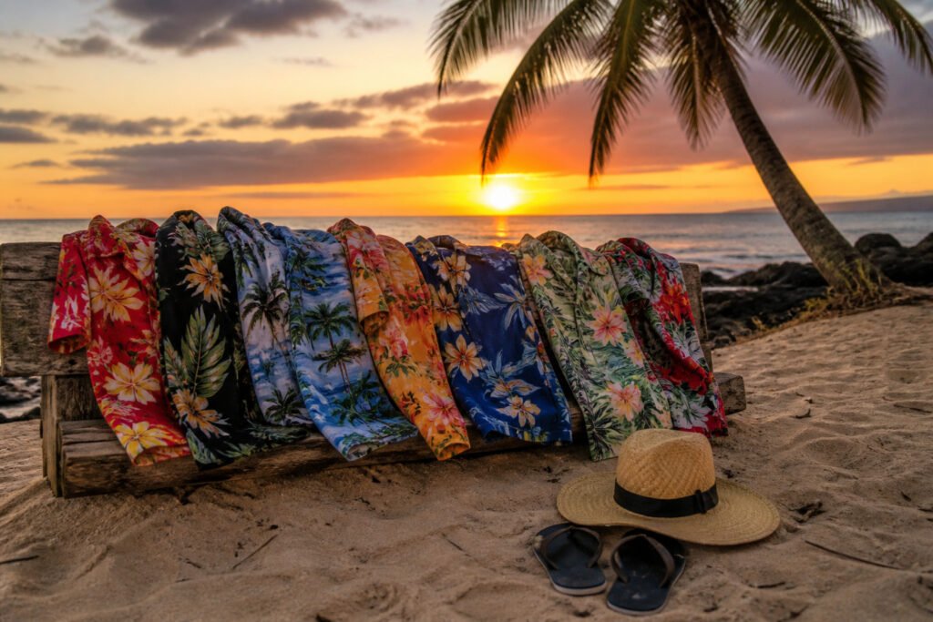 Colorful Hawaiian shirts hanging on a beach at sunset.