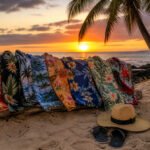 Colorful Hawaiian shirts hanging on a beach at sunset.