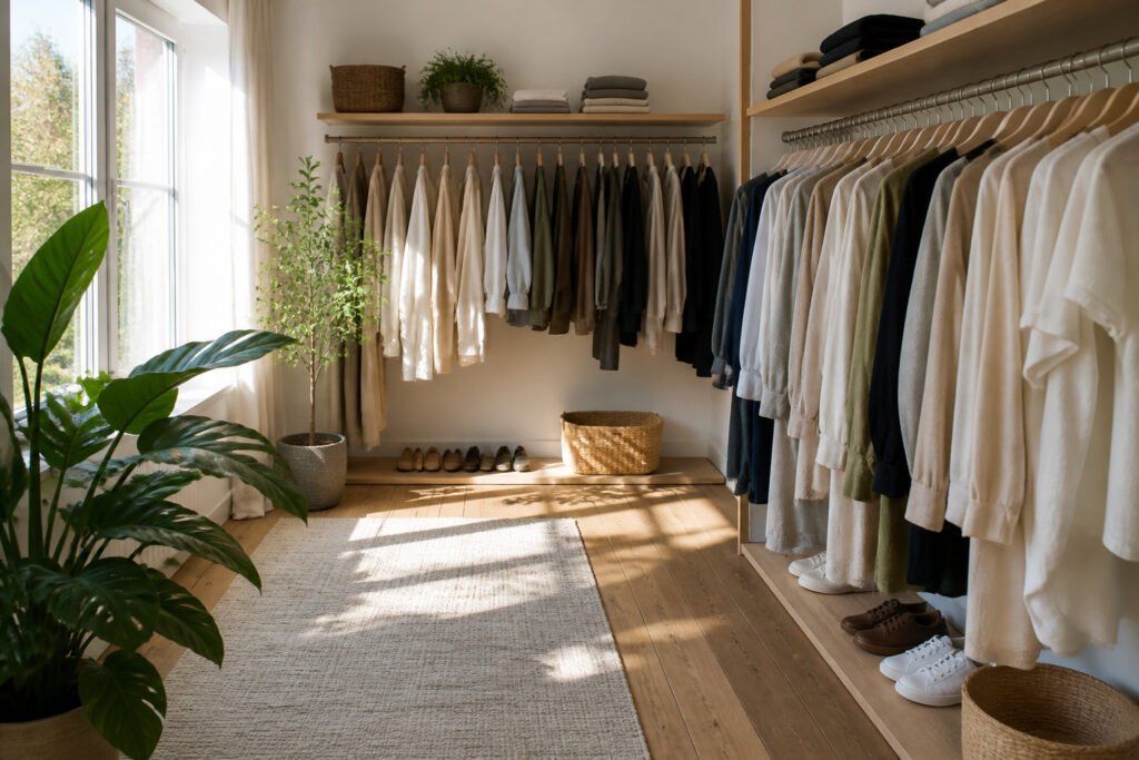 Bright, airy walk-in closet filled with neatly hung minimalist clothing.
