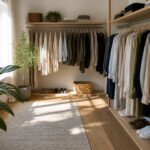 Bright, airy walk-in closet filled with neatly hung minimalist clothing.