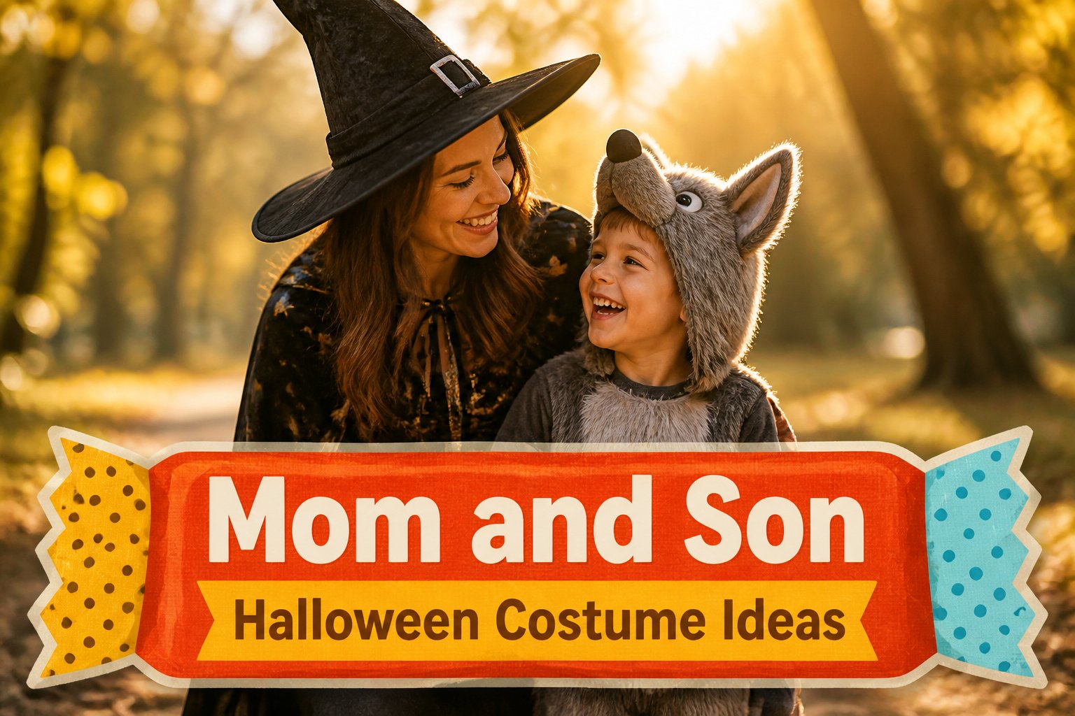 Mother and son dressed in Halloween costumes, smiling in a festive setting.
