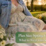 A model in a colorful spring outfit surrounded by flowers.