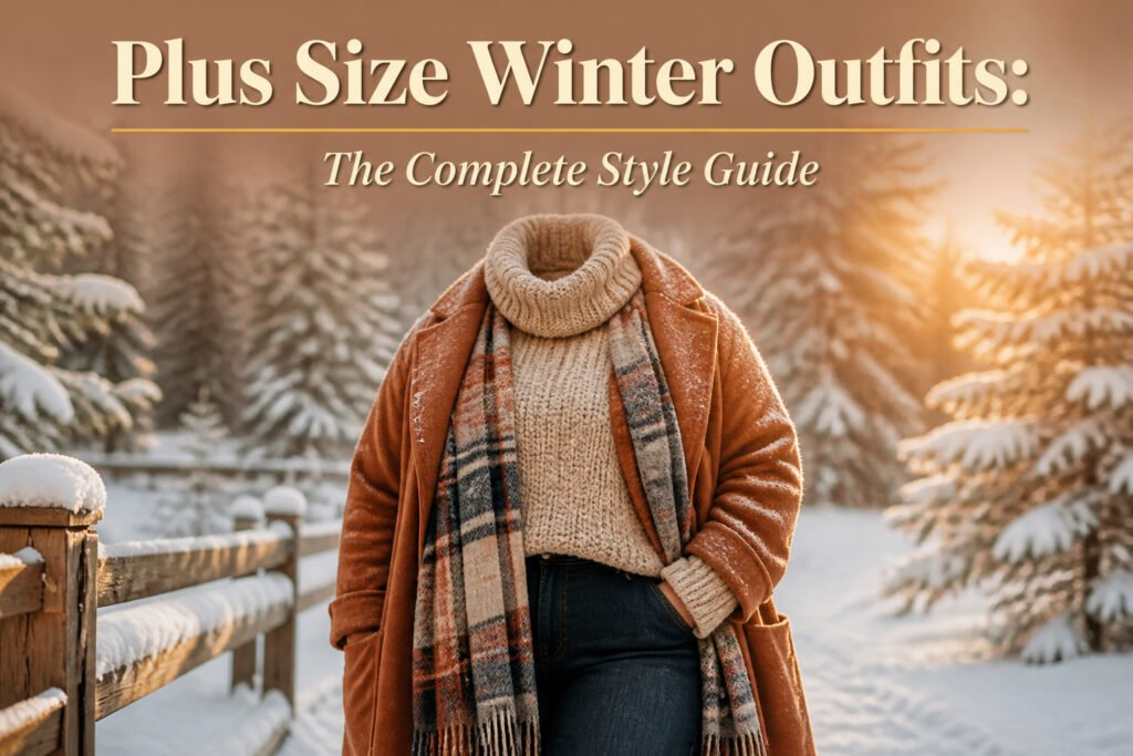 Model wearing a plus size winter outfit in a warm indoor space.