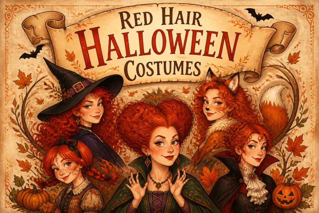 Various red hair Halloween costumes displayed together.