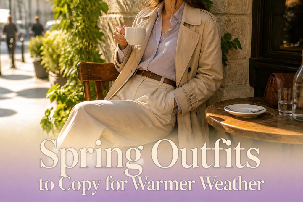 A model displays a variety of spring outfits in a vibrant setting.