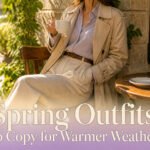 A model displays a variety of spring outfits in a vibrant setting.