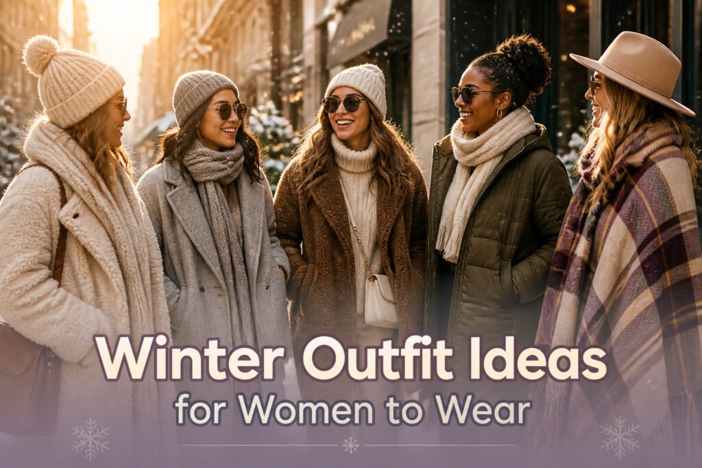 Various winter outfits displayed on mannequins in a stylish setting.