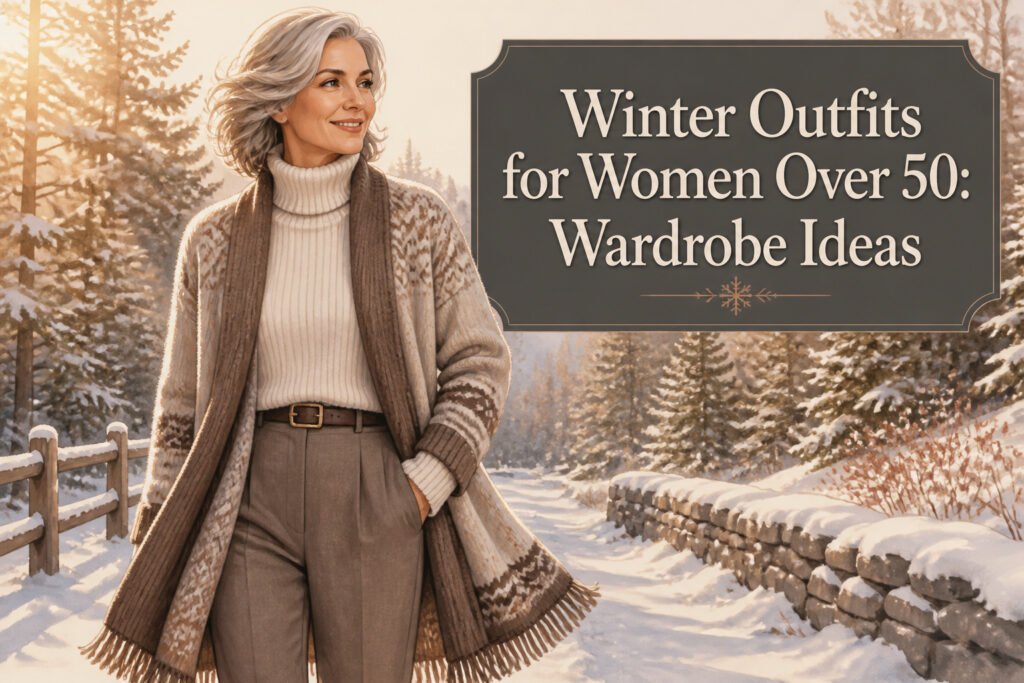 A woman over 50 wearing a winter outfit with layers and accessories.