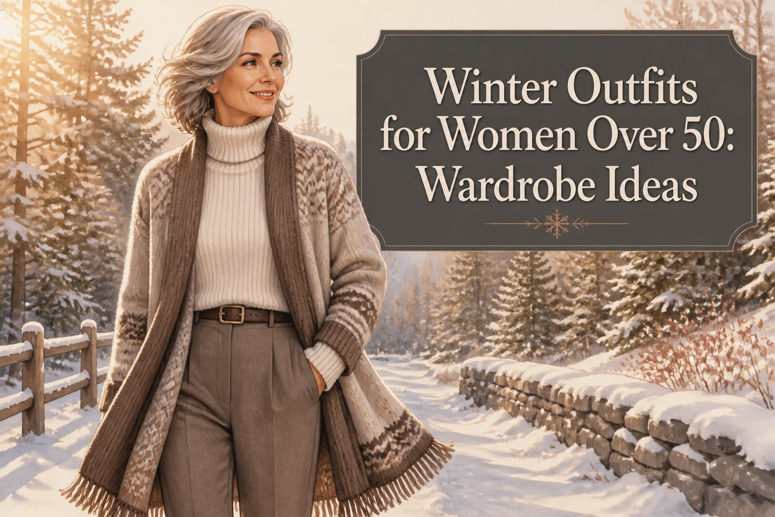 A woman over 50 wearing a winter outfit with layers and accessories.