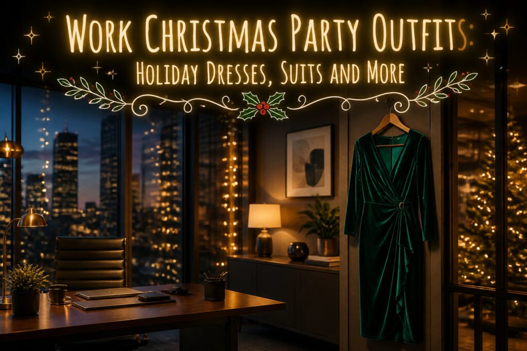 A variety of festive work Christmas party outfits displayed on mannequins.