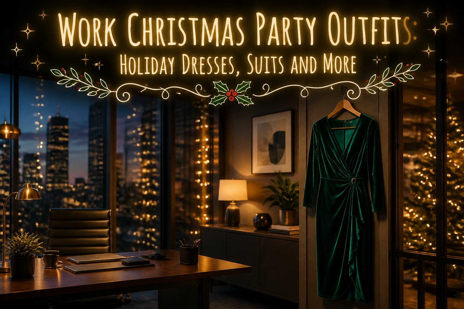 A variety of festive work Christmas party outfits displayed on mannequins.